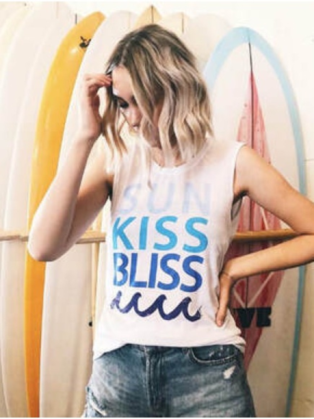 Chaser White Tank with Blue Gradient 'Sun Kiss Bliss' Graphic